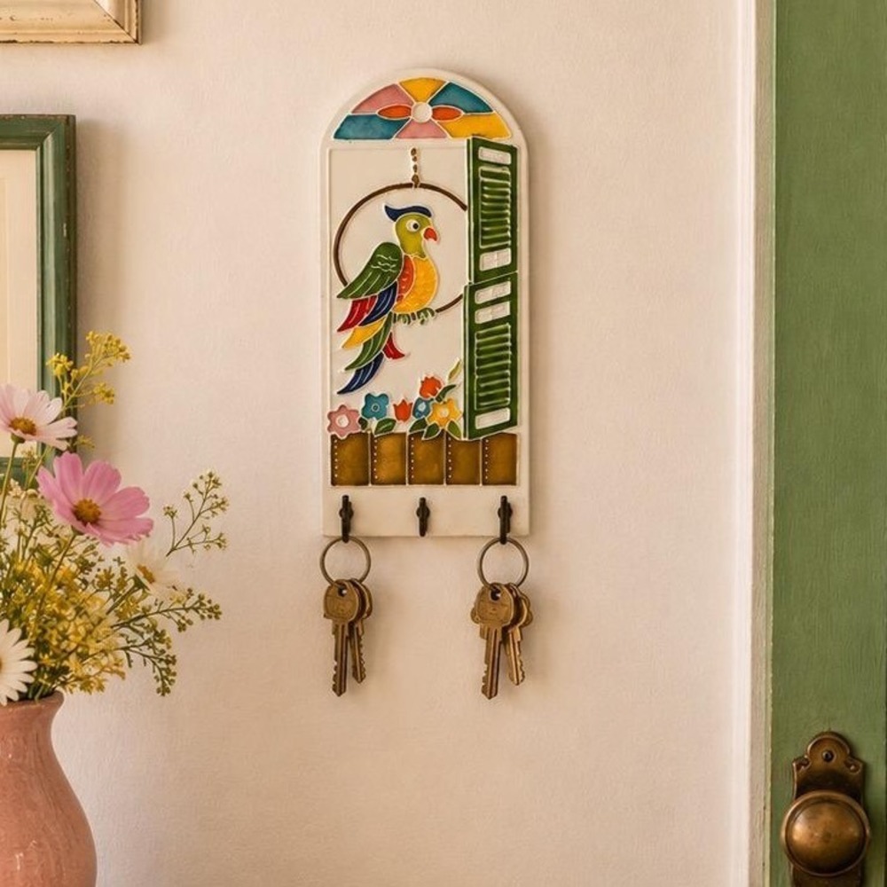 Creazioni Luciano Italy Ceramic Parrot Key Rack Wall Plaque Salerno Hand Painted